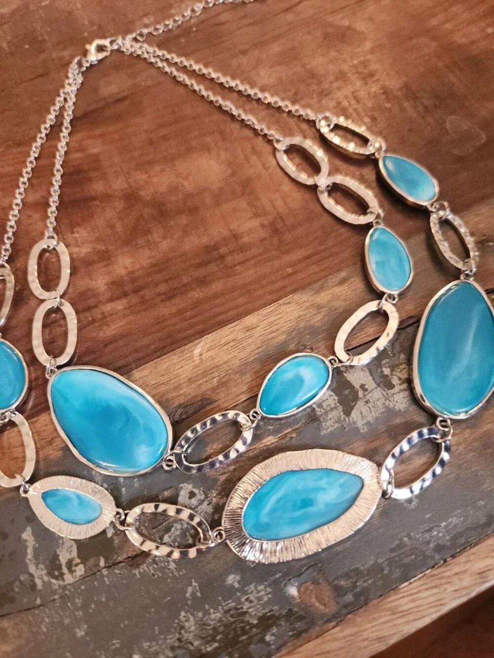 Vintage Turquoise Blue Double Strand Silver Hammered Oval Statement Necklace